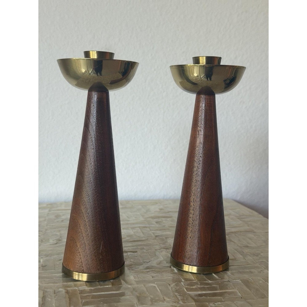 Vintage Chicago Brass Wood Candlestick Pair | Mid Century MCM Candle Holders